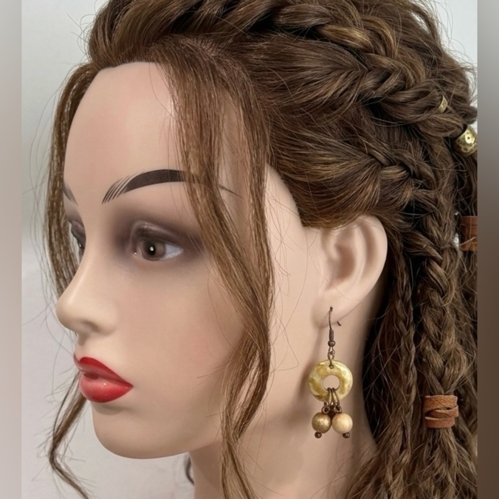 Boho Hand Painted Wood & Ceramic
Dangle Earrings Gold Bronze Cluster Beaded